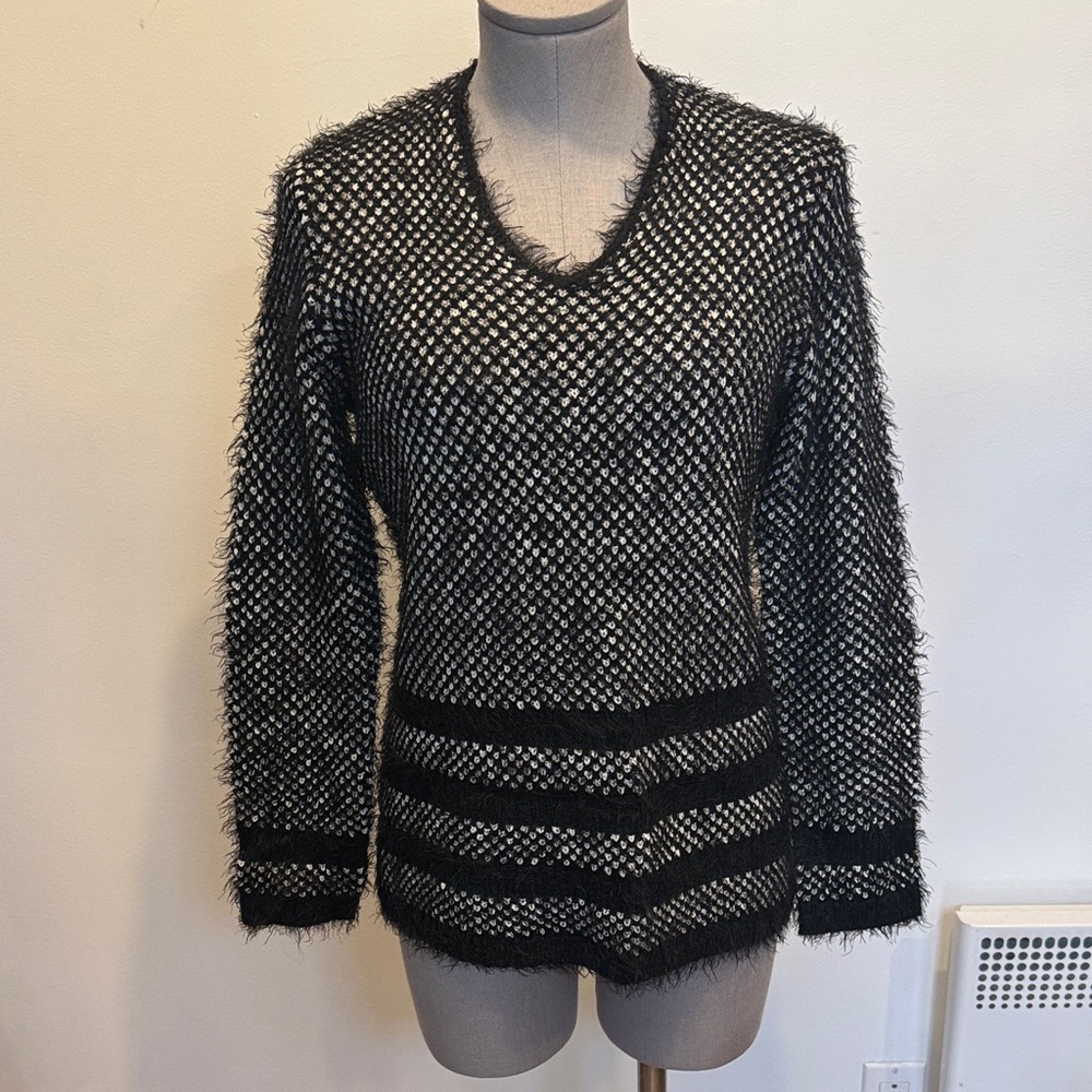 Marble Black & White Textured Sweater, Fuzzy Knit, V-Neck